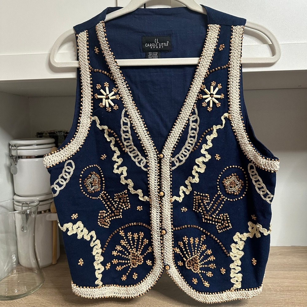 Vintage Nautical Beaded Vest Womens L Navy Wood Buttons Boho Embroidered V Neck